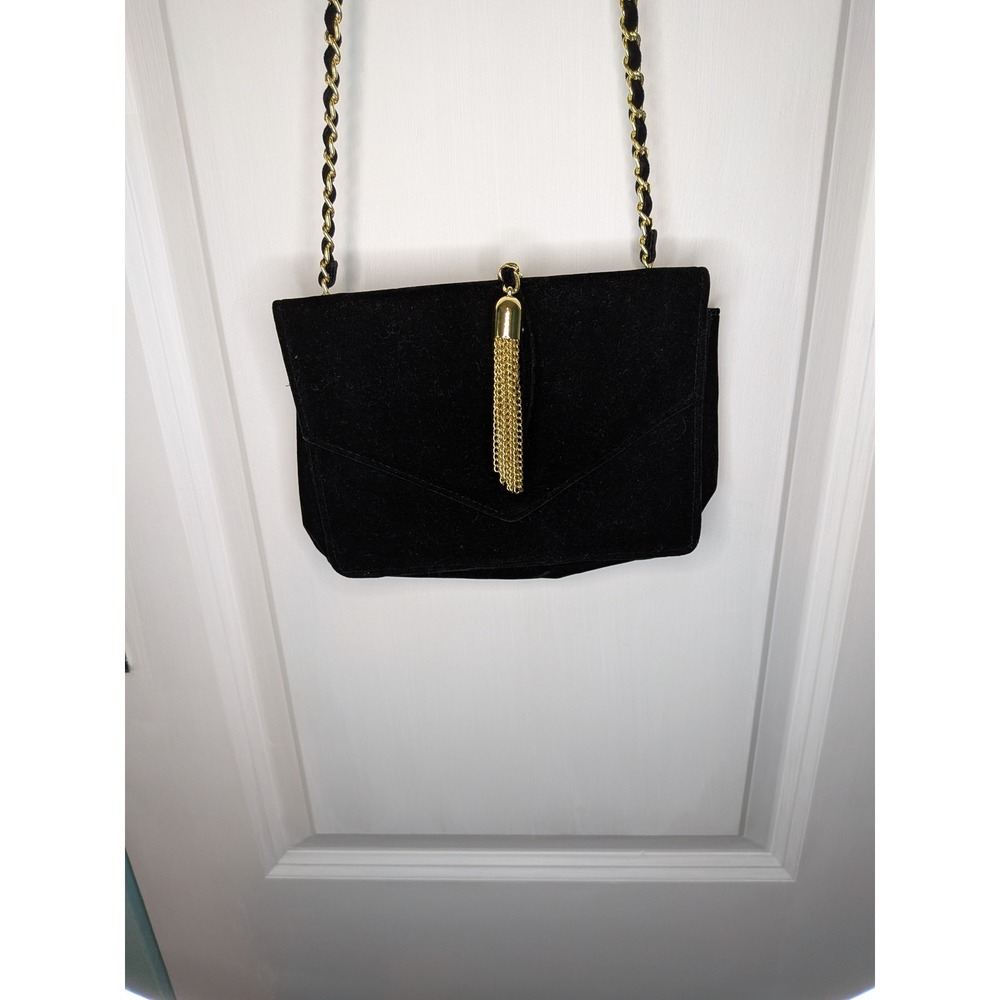 New Choice Black Faux Suede Tassel Evening Bag Gold Chain Crossbody Flap Purse